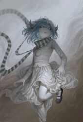1girl :o absurdres black_sclera black_shoes blue_eyes blue_hair colored_sclera colored_skin grey_horns grey_scarf highres horns john31533733105 leg_lift medium_hair open_mouth original rutherforidium scarf shirt shoes skirt solo striped_clothes striped_scarf vertical-striped_clothes vertical-striped_scarf white_shirt white_skin white_skirt