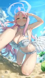 1girl absurdres armpit_crease beach bikini blue_archive blue_hair blue_halo blue_sky blush breasts cloud feathered_wings frilled_bikini frills from_below gradient_hair gradient_halo halo highres kneeling large_breasts low_wings mika_(blue_archive) mika_(swimsuit)_(blue_archive) multicolored_hair multicolored_halo navel palm_tree pink_hair pink_halo ribbon sky smile solo swimsuit thong_bikini tree umbrella walking_nakta wet white_bikini wing_ornament wings yellow_eyes