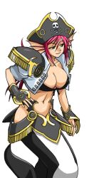 1girl anne_sirena breasts cleavage cropped_jacket female_focus green_eyes hat large_breasts mermaid midriff mole mole_under_eye monster_girl navel pauldrons pink_hair pirate_hat seductive_smile shoulder_armor sidelocks simple_background smile solo super_robot_wars super_robot_wars_og_saga_mugen_no_frontier tagme white_background
