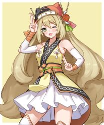 1girl ankle_wrap blonde_hair bow celine_(fire_emblem) celine_(ninja)_(fire_emblem) commission commissioner_upload detached_sleeves fire_emblem fire_emblem_engage fire_emblem_heroes flower green_eyes hair_ornament hair_stick highres iffyru kanzashi long_hair looking_at_viewer ninja nintendo non-web_source obijime official_alternate_costume one_eye_closed open_mouth orange_bow orange_flower orange_trim shuriken shuriken_hair_ornament solo tassel tassel_hair_ornament very_long_hair weapon wrist_bow