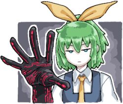 1girl anal_assassin_glove ascot blue_eyes blue_vest bois_de_justice bow closed_mouth collared_shirt colored_skin cookie_(touhou) daiyousei dies_irae diyusi_(cookie) frown green_hair hair_bow looking_at_viewer lowres man_(man-room) shinza_bansho_series shirt short_hair solo touhou unusually_open_eyes upper_body v-shaped_eyebrows vest white_shirt white_skin yellow_ascot yellow_bow