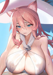 1girl absurdres alternate_costume animal_ear_fluff animal_ears arknights bare_shoulders bikini blue_eyes blush breasts cat_ears cleavage hair_between_eyes hat heidi_(arknights) highres large_breasts long_hair looking_at_viewer parted_lips pink_hair renleiwanyier solo swimsuit upper_body wet white_bikini white_hat