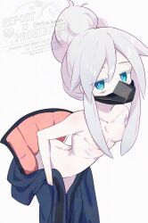 Rule 34 | 1girl, absurdres, artist name, blue eyes, commentary, convenient censoring, cowboy shot, deux murasame, english text, grey hair, gundam, gundam gquuuuuux, hair censor, highres, mask, mecha pilot suit, mixed-language text, mouth mask, purple pupils, shimeji wyvern, simple background, solo, topless female, twitter username, updo, watermark, white background