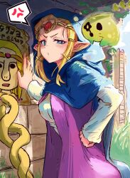 1girl anger_vein angry annoyed blonde_hair blue_eyes blue_hood blush bright_pupils circlet cloak dress gem half-closed_eye hand_on_own_hip hand_on_wall highres hood hood_up hooded_cloak ishijimajirou jewelry long_sidelocks looking_at_viewer nintendo o3o outdoors pointy_ears poster_(object) pout princess_zelda puckered_lips red_gemstone sidelocks speech_bubble spoken_anger_vein staff stone_wall sweat the_legend_of_zelda the_legend_of_zelda:_echoes_of_wisdom tiara tri_(zelda) unamused v-shaped_eyebrows wanted_poster white_dress white_pupils