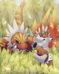 ^_^ absurdres animal_focus black_sclera blurry blurry_foreground closed_eyes colored_sclera colored_skin cross-shaped_pupils fangs forest gen_6_pokemon grass highres nature nintendo no_humans pokemon pokemon_(creature) red_skin slither_wing sunlight symbol-shaped_pupils tail tree tyrantrum tyrunt white_eyes white_fur yellow_sclera yu_(pocketsun636)