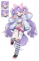 1girl absurdres ahoge belt_collar collar fang fox_girl fox_tail frilled_thigh_strap full_body heterochromia highres jacket leg_warmers long_hair long_sleeves looking_at_viewer multiple_expressions nanana_narang open_clothes open_jacket open_mouth paw_pose pink_bag purple_hair shoes simple_background single_thighhigh skirt standing standing_on_one_leg stellive striped_leg_warmers sweater tail tenko_shibuki thigh_strap thighhighs twintails very_long_hair virtual_youtuber white_background white_jacket white_thighhighs