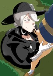 1boy 1girl age_difference breasts cleavage cogita_(pokemon) fellatio highres huge_breasts large_breasts nintendo onee-shota oral pokemon pokemon_legends:_arceus rei_(pokemon) shota smile tonsuke