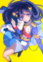 1girl aiguillette ankle_boots bear belt belt_buckle black_boots blue_eyes blue_hair blue_jacket blue_skirt boots buckle buttons chinese_commentary chromatic_aberration collared_jacket commentary_request epaulettes floating floating_clothes floating_hair fur-trimmed_jacket fur_trim glint hand_up head_tilt highres holding holding_string jacket jacket_on_shoulders kagura_hikari kuliukunkunkunkunkunkunkun leg_up long_hair long_sleeves looking_at_viewer miniskirt multicolored_jacket outstretched_arm parted_lips pleated_skirt polar_bear red_sash red_sleeve_cuffs sash shadow shoujo_kageki_revue_starlight shoulder_sash simple_background single_horizontal_stripe skirt solo sparkle_hair_ornament string stuffed_animal stuffed_toy tassel teddy_bear translation_request two-tone_jacket v-shaped_eyebrows waist_cape white_jacket yellow_background yellow_belt yellow_trim