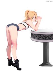 Rule 34 | blonde hair, blush, breasts, fate/grand order, fate (series), fujimaru ritsuka (male), green eyes, hair ornament, hair scrunchie, highres, micro shorts, mordred (fate), mordred (fate/apocrypha), ponytail, rasipan, scrunchie, short ponytail, shorts, small breasts, white background
