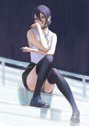 1girl absurdres black_choker black_hair black_shoes black_shorts black_thighhighs chainsaw_man choker collared_shirt green_eyes hair_between_eyes hair_bun highres loafers reze_(chainsaw_man) shirt shoes shorts sleeveless sleeveless_shirt solo thighhighs white_shirt yujia