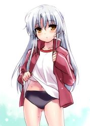 10s 1girl angel_beats! buruma clothes_lift female_focus gym_uniform jacket lifting_own_clothes long_hair navel open_clothes open_jacket shirt_lift silver_hair solo standing sweat tenshi_(angel_beats!) track_jacket yellow_eyes zen