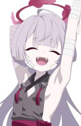 1girl :d ^_^ absurdres arm_behind_head armpits arms_up bandaged_arm bandages bare_shoulders bell black_kimono blue_archive blunt_bangs breasts c-r-carlos cleavage_cutout closed_eyes clothing_cutout commentary facing_viewer gauze gauze_on_cheek grey_hair halo highres holding_own_arm japanese_clothes jingle_bell kimono long_hair open_mouth pink_halo pointy_ears red_sash sash shuro_(blue_archive) sideboob sideless_kimono sideless_outfit sidelocks simple_background small_breasts smile solo symbol-only_commentary teeth upper_body upper_teeth_only white_background
