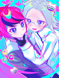 2boys aotsuki_eito black_gloves black_hair black_jacket blue_eyes blush bright_pupils closed_mouth commentary glasses gloves grey_hair hand_on_own_chin heart highres hood hood_down hoodie iro_(mywife_sunny) jacket long_sleeves male_focus medium_hair multicolored_hair multiple_boys open_clothes open_jacket red_hair school_invader_(hundred_line) short_hair sumino_takumi sweat symbol-only_commentary the_hundred_line_-last_defense_academy- tsurime two-tone_hair white_hoodie white_jacket white_pupils yaoi