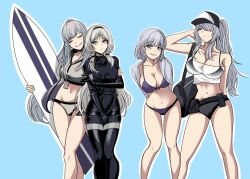 Rule 34 | 4girls, ak-12 (girls&#039; frontline), ak-15 (girls&#039; frontline), an-94 (girls&#039; frontline), arm behind back, arms behind back, bikini, black bikini, blue background, blunt bangs, bodysuit, breasts, character request, choebal1356201, cleavage, closed eyes, commentary, contrapposto, diving suit, english commentary, girls&#039; frontline, gloves, grey hair, groin, hair over one eye, hairband, hand in own hair, high ponytail, leaning forward, long hair, looking at viewer, multiple girls, navel, outline, ponytail, purple bikini, rpk-16 (girls&#039; frontline), smile, surfboard, swimsuit, swimsuit under clothes, thighs, very long hair, wetsuit, white outline