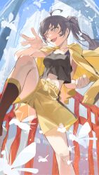 1girl ahoge araragi_tsukihi black_socks black_tank_top clenched_hand fighting_stance grey_eyes highres jacket jacket_on_shoulders leg_up long_hair looking_to_the_side monogatari_(series) omurice_(304975636) open_mouth ponytail shorts sidelocks socks solo standing standing_on_one_leg tank_top yellow_jacket yellow_shorts