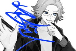 aotsuki_eito blue_eyes character_signature greyscale hand_on_own_chin high_collar highres holding holding_marker jacket male_focus marker monochrome official_alternate_costume open_clothes open_jacket short_hair simple_background sparrowhabird spot_color the_hundred_line_-last_defense_academy- tower_records upper_body