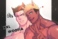 2boys anger_vein animal_ears annoyed bara blonde_hair character_request copyright_name dark-skinned_male dark_skin firenzesaika golden_ryder_(xxl) green_eyes heart horse_boy horse_ears looking_at_another looking_at_viewer male_focus multicolored_hair multiple_boys muscular muscular_male one_eye_closed open_mouth pectorals red_eyes smile squiggle streaked_hair topless_male upper_body v xxl_woofia