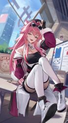 1girl :d animal_ear_fluff animal_ears ascot bench black_hat breasts cat_ears cat_girl cleavage fang full_body gloves goggles goggles_on_head hair_intakes hat highres hololive hololive_english id_card jacket large_breasts open_mouth partially_fingerless_gloves pizza_box raora_panthera raora_panthera_(1st_costume) shoe_soles sitting smile solo thighhighs virtual_youtuber vyva white_ascot white_thighhighs window
