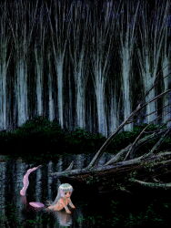 1girl blue_eyes blue_hair breasts bush convenient_arm convenient_censoring dark fallen_tree fins forest head_fins highres in_water lake long_hair mermaid monster_girl nature non-web_source nude original plant ripples scenery small_breasts solo tree tsuzuki_kazuhiko water