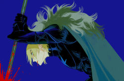 1boy absurdres armor arms_up black_armor black_fur blonde_hair blood blood_from_mouth bloody_weapon blue_background blue_cape blue_eyes breastplate cape commentary dimitri_alexandre_blaiddyd dimitri_alexandre_blaiddyd_(timeskip) english_commentary eyepatch fire_emblem fire_emblem:_three_houses from_side fur-trimmed_cape fur_trim gauntlets hair_behind_ear highres holding holding_polearm holding_weapon hunched_over looking_up male_focus nintendo polearm sarakipin simple_background solo weapon white_fur