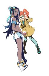 2girls blue_eyes dark-skinned_female dark_skin earrings full_body green_eyes highres holding holding_poke_ball jewelry long_hair looking_at_viewer multiple_girls nessa_(pokemon) nintendo nobita_(makoto7060355) orange_hair poke_ball pokemon pokemon_swsh sharp_teeth simple_background skirt smile sonia_(pokemon) teeth white_background