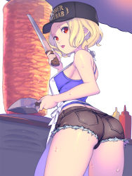 1girl apron ass back bare_shoulders baseball_cap blonde_hair bottle breasts clothes_writing cooking cowboy_shot cutoffs denim denim_shorts doner_kebab doner_sandwich enkyo_yuuichirou female_focus food food_stand from_behind grill hat highres holding ketchup knife lipstick looking_at_viewer looking_back makeup meat mustard open_mouth original pink_lips pocket red_eyes rotisserie shish_kebab short_hair short_shorts shorts sideboob solo standing sweat tank_top thick_thighs thighs tongue tongue_out vertical_rotisserie white_background