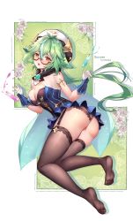 1girl absurdres animal_ears black_thighhighs blue_dress cat_ears chemistry dress feet flask garter_belt genshin_impact glasses gold_trim green_hair highres huge_filesize lace lace-trimmed_legwear lace-trimmed_panties lace_trim legs liquid long_hair melailai multicolored_hair no_shoes orange_eyes panties semi-rimless_eyewear soles sucrose_(genshin_impact) test_tube thighhighs transparent_background underwear