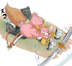 Rule 34 | &gt; &lt;, 1girl, animal ear fluff, animal ears, bow, braided sidelock, falling, fate/samurai remnant, fate (series), fox ears, fox girl, fox tail, highres, japanese clothes, katana, kimono, long hair, pink hair, rexeig, short eyebrows, short kimono, sleeves past wrists, smile, solo, sword, tail, tamamo (fate), tamamo aria (fate), weapon, yellow bow, yellow eyes, yellow kimono