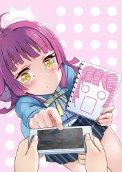 0_0 ahoge akisaka_akira blush bow bowtie cellphone checkered_clothes checkered_skirt commentary_request expressionless eyelashes holding holding_sketchbook looking_at_object love_live! love_live!_nijigasaki_high_school_idol_club love_live!_school_idol_festival_all_stars medium_hair nijigasaki_school_uniform phone pink_background pink_hair pleated_skirt polka_dot polka_dot_background school_uniform shirt sidelocks sketchbook skirt smartphone solo_focus tennoji_rina thighs white_shirt yellow_eyes