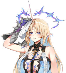 1girl bare_shoulders black_collar blonde_hair blue_eyes blue_hair breasts collar colored_inner_hair commentary crown_of_thorns earrings english_commentary fleurdelys_(wuthering_waves) foxyreine hand_on_own_head highres horns jewelry large_breasts long_hair long_horns multicolored_hair necklace parted_bangs parted_lips pointy_ears sidelocks simple_background single_horn solo sweat tabard tacet_mark_(wuthering_waves) upper_body very_long_hair white_background white_tabard wiping_sweat wuthering_waves yellow_horns