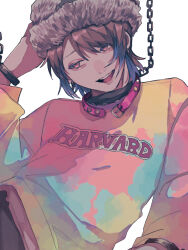 1boy aegyo_sal akune_rindo animal_collar arm_at_side brown_hair chain chain_necklace chained chained_wrists collar college_shirt earrings fur_hat grin hand_on_own_head hat head_tilt highres hoop_earrings hypnosis_mic hypnosis_mic:_rule_the_stage ivinch_u jewelry layered_shirt leaning_back long_sleeves looking_to_the_side male_focus multicolored_hair necklace open_mouth pink_collar pink_eyes raised_inner_eyebrows shiny_lips short_hair simple_background smile solo streaked_hair teeth tie-dye unbuckled upper_body upper_teeth_only white_background