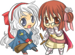 Rule 34 | 2000s (style), 2girls, armor, blue dress, brown eyes, brown hair, chainmail, chibi, club (weapon), commentary request, dress, full body, glasses, hair bun, hairband, holding, holding club, holding sword, holding weapon, juliet sleeves, knight (ragnarok online), long hair, long sleeves, looking at viewer, lowres, multiple girls, nayuruonline, open mouth, pince-nez, priest (ragnarok online), puffy sleeves, ragnarok online, red hairband, round eyewear, short hair, simple background, single side bun, smile, sword, weapon, white background, white hair