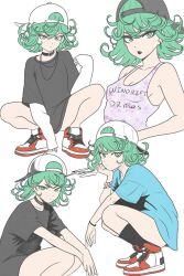 1girl 4girls alternate_costume artist_name baseball_cap black_lips black_shirt black_socks blue_shirt bracelet breasts choker cleavage closed_mouth covered_erect_nipples curly_hair earrings goth_fashion green_eyes green_hair hat highres jewelry long_sleeves looking_at_viewer makeup mascara multiple_girls necklace one-punch_man shirt shoes short_hair simple_background small_breasts sneakers socks tank_top tatsumaki thighs white_background white_hat windriftdraws