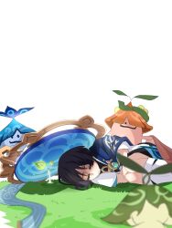 Rule 34 | 1boy, age regression, aged down, aqua gemstone, aranara (genshin impact), ararycan (genshin impact), black bodysuit, black hair, black shorts, blue cape, blue hat, blue sleeves, blunt ends, bodysuit, cape, closed eyes, closed mouth, eyelashes, fetal position, gem, genshin impact, gold, grass, hat, highres, jingasa, julydelic, layered sleeves, leg warmers, lying, male focus, nahida (genshin impact), on grass, on side, scaramouche (genshin impact), self hug, shaded face, shadow, short sleeves, shorts, time lapse, twig, unconscious, unworn hat, unworn headwear, vision (genshin impact), wanderer (genshin impact), white background, white leg warmers, white sleeves, white trim