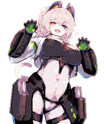 1girl animal_ears blue_eyes breasts cat_ears cat_tail claw_pose covered_navel cowboy_shot girls&#039;_frontline girls&#039;_frontline_2:_exilium grey_hair heterochromia large_breasts looking_at_viewer peritya_(girls&#039;_frontline_2) pixel_art potato815 smile solo tail yellow_eyes