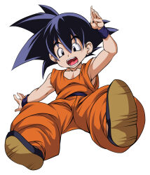 1boy black_eyes black_hair dougi dragon_ball dragon_ball_(classic) full_body highres looking_at_viewer masachuusa open_mouth pectorals salute simple_background son_goku spiked_hair white_background