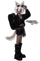 1girl absurdres animal_ear_fluff animal_ears bag barcode belt black_bag black_boots black_jacket black_shorts boots closed_mouth dark-skinned_female dark_skin eyewear_on_head full_body hair_between_eyes highres jacket knee_boots long_sleeves looking_at_viewer mole mole_under_eye open_clothes open_jacket original purple_eyes short_shorts shorts simple_background solo standing tail white_background white_hair zhayoulu