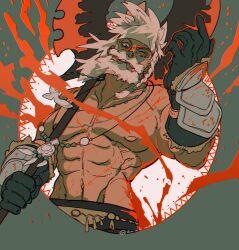 1boy axe bara battle_axe blood blood_splatter braid cropped_legs dark-skinned_male dark_skin double-sided_axe facial_mark final_fantasy final_fantasy_xiv hand_up head_tilt headband highres holding holding_polearm holding_weapon hyur jewelry krmk_wa long_hair looking_at_viewer lyon_rem_helsos male_focus mature_male muscular muscular_male necklace old old_man one_eye_closed over_shoulder polearm scar scar_on_face scar_on_nose side_braid tooth_necklace topless_male tribal weapon weapon_over_shoulder white_hair white_headband