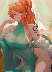 1girl alternate_costume alternate_hairstyle aqua_dress armpit_peek artist_name aurizerozero bare_shoulders breasts closed_mouth collarbone commentary cowboy_shot curtains curvy dress elbow_rest english_commentary female_focus high_side_ponytail highres indoors large_breasts lips long_hair looking_at_viewer matching_hair/eyes nami_(one_piece) one_piece orange_eyes orange_hair parted_lips pelvic_curtain revealing_clothes shiny_skin shoulder_tattoo side_ponytail single_sidelock sitting sleeveless sleeveless_dress solo tattoo thighs wavy_hair wide_hips wide_sleeves