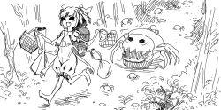 1girl :d arthropod_girl bag basket blanket bug commentary etokakaitari extra_arms extra_eyes fangs following food full_body hair_ribbon high_heels highres holding holding_bag holding_basket holding_blanket insect_girl monochrome monster monster_girl muffet muffet&#039;s_pet open_mouth picnic_basket puffy_pants puffy_short_sleeves puffy_sleeves ribbon scarf sharp_teeth short_hair short_sleeves smile solid_circle_eyes spider spider_girl teeth tree undertale walking