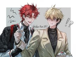 !? 2boys anger_vein black_hair black_jacket black_shirt black_sweater blonde_hair border braid braided_ponytail brown_coat cake chinese_commentary closed_eyes closed_mouth coat collared_shirt earrings eating food fork grey_background hair_between_eyes highres holding holding_another&#039;s_wrist holding_fork holding_plate jacket jacket_on_shoulders jewelry long_hair long_sleeves looking_at_another male_focus multicolored_hair multiple_boys necklace official_alternate_costume open_mouth outside_border plate red_hair shaded_face shiguang_dailiren shirt short_hair single_braid smile strawberry_shortcake sweatdrop sweater turtleneck turtleneck_sweater twitter_username upper_body white_border white_shirt xia_fei xiao_weiying yaoi yellow_eyes yuxianchen