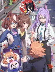 4girls ? ?? absurdres agnes_tachyon_(umamusume) black_pants brown_hair glasses highres manhattan_cafe_(umamusume) matikanefukukitaru_(umamusume) mejiro_mcqueen_(umamusume) multiple_girls panicking pants purple_hair shirt smile sweat tokai_teio_(umamusume) tuomali umamusume umayuru white_shirt