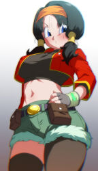 Rule 34 | 1girl, alternate breast size, asymmetrical legwear, black hair, blue eyes, breasts, commentary request, cosplay, covered erect nipples, cowboy shot, crop top, cropped jacket, dragon ball, dragon ball heroes, dragonball z, female focus, fingerless gloves, from below, gloves, gradient background, hair tubes, hand on own hip, large breasts, low twintails, midriff, navel, orange hair, pan (dragon ball), pan (xeno), pan (xeno) (dragon ball), pouch, rom (20), short shorts, shorts, solo, twintails, videl