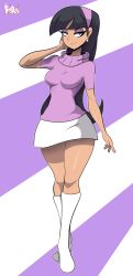 1girl adjusting_hair aged_up bigdead black_hair blue_eyes blunt_bangs boots breasts earrings eyeshadow facing_viewer female_focus full_body half-closed_eyes highres jewelry long_hair looking_at_viewer makeup miniskirt pink_sweater purple_background purple_eyeshadow short_sleeves skirt solo standing sweater the_fairly_oddparents trixie_tang two-tone_background very_long_hair white_background white_boots white_skirt