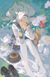 Rule 34 | 1girl, absurdres, black bow, black hairband, black sailor collar, black shoes, black skirt, bow, bowtie, brown bag, commentary, cup, english commentary, firefly (honkai: star rail), firefly (spring missive) (honkai: star rail), green bow, green bowtie, green eyes, hair bow, hairband, highres, honkai: star rail, honkai (series), loafers, long hair, long sleeves, looking at viewer, no shoes, oak cake roll (honkai: star rail), official alternate costume, one eye closed, picnic blanket, sailor collar, saturn (saturn illus), shirt, shoes, sitting, skirt, smile, solo, teacup, teapot, thighhighs, toes, unworn shoes, white shirt, white thighhighs