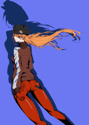 1girl absurdres artist_request ass baseball_cap blue_background bodysuit bodysuit_under_clothes breasts brown_hair dutch_angle evangelion:_3.0_you_can_(not)_redo eyepatch floating_hair hat highres huge_ass interface_headset_(evangelion) jacket long_hair looking_at_viewer looking_back mecha_pilot_suit medium_breasts neon_genesis_evangelion plugsuit_(evangelion) rebuild_of_evangelion red_bodysuit shiny_clothes simple_background solo souryuu_asuka_langley standing track_jacket two_side_up wide_hips