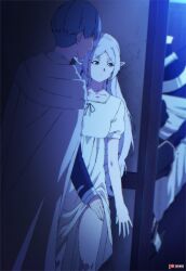 Rule 34 | 1girl, 2boys, artist name, blue hair, blue tunic, cloak, clothes lift, commentary, dress, dress lift, earrings, elf, english commentary, frieren, green eyes, hand on another&#039;s thigh, heiter, hetero, highres, himmel (sousou no frieren), indoors, jewelry, long hair, long pointy ears, long sleeves, looking to the side, multiple boys, night, parted bangs, patreon logo, patreon username, pointy ears, short eyebrows, short hair, short sleeves, sleeping, sousou no frieren, standing, teardrop earrings, thick eyebrows, thighs, tunic, white cloak, white dress, zuharu