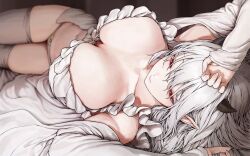 Rule 34 | 1girl, absurdres, arms up, black horns, blurry, breasts, closed mouth, commentary, commission, depth of field, highres, horns, large breasts, long hair, long sleeves, lying, marse (rokudaime), navel, original, panties, pointy ears, red eyes, skeb commission, solo, thighhighs, thighs, underwear, white hair, white panties, white thighhighs