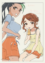 Rule 34 | 2girls, absurdres, ass, black hair, blush, breasts, brown eyes, brown hair, cargo shorts, collared shirt, dark-skinned female, dark skin, dress, eating, food, freckles, green hair, hair ornament, hair pulled back, hairclip, highres, holding, holding food, holding popsicle, inunuki 000, juliana (pokemon), long hair, multicolored hair, multiple girls, naranja academy school uniform, necktie, nemona (pokemon), nintendo, open mouth, orange shorts, pokemon, pokemon sv, ponytail, popsicle, school uniform, shirt, short sleeves, shorts, smile, streaked hair, sweat, sweatdrop, teeth, two-tone hair, yellow dress, yuri