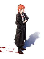 1girl black_coat black_necktie black_pants blood blood_on_clothes blood_on_face blood_on_ground bloody_footprints brown_shoes chainsaw_man closed_mouth coat commentary english_commentary formal_clothes highres makima_(chainsaw_man) necktie pant_suit pants red_hair shadow shirt shoes sidelocks snailmao solo suit watch white_background white_shirt wristwatch yellow_eyes